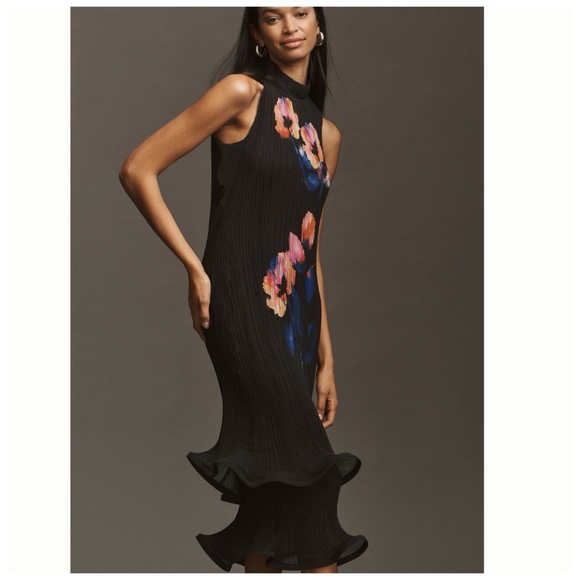 NWT Anthropologie Sleeveless Mock-NeckPlissé Midi Dress